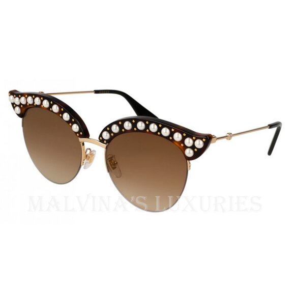 GUCCI SUNGLASSES GG0212S 002 CAT EYE HAVANA GOLD PEARL ACCENTS BUMBLEBEE - Picture 3 of 12